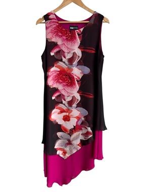 Artsy Floral Chiffon Cocktail Dress L/XL Semi-Sheer Overlay Asymmetrical Party